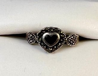 Sterling Silver Heart Shaped Ring Possibly Onyx.