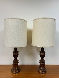 Pair Of Vintage Turned Wood And Metal Table Lamps