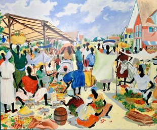 Marketplace By Harold Rigaud Lithograph On Canvas -local Pickup