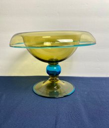 Hand Blown Glass Compote - Blue & Light Amber Glass