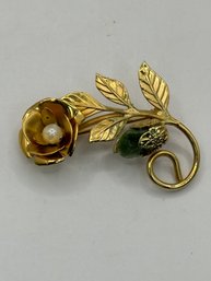 Gold Tone Brooch With Green Stone And Pearl