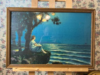 Vintage Girl By The Sea Print Framed