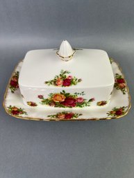 Old Country Rose Bone China Covered Butter Dish Made In England 1962