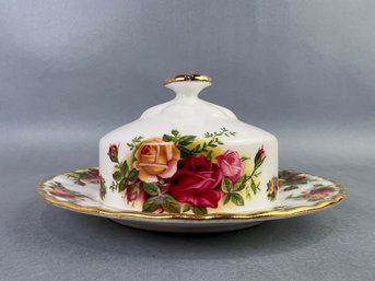Old Country Rose Bone China Covered Round Butter Dish Made In England 1962