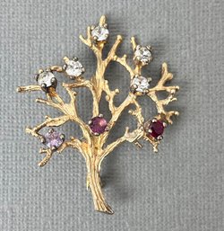 Gold Tone Tree Pin With Multi - Colored Stones.