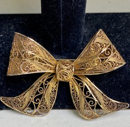 Vintage Topazio Gold Tone Over Sterling Filagree Bow Brooch