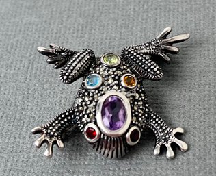 Sterling Silver Frog Brooch With Multi-Colored Stones.