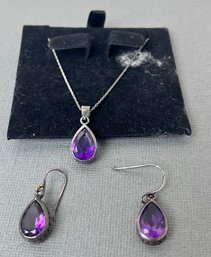 Sterling Silver Earrings And A Necklace With Possible Amethyst Stone.