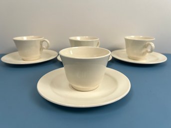 Set Of 4 Stoneware Off-White Tea Cups With Saucers.