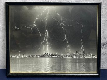 Vintage Black And White CRASHING LIGHTNING Seattle Skyline Cityscape Photo