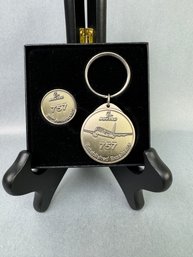 Boeing 757 Medallion Keychain And Pin In Box