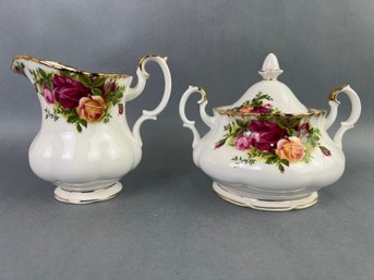 Old Country Rose Bone China England 1962 CREAM AND SUGAR BOWL WITH LID