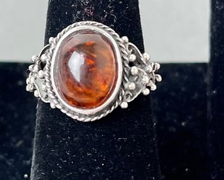 Sterling Silver And Amber Ring.