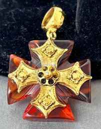 Amber And Gold Tone Cross Pendant