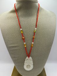 Red String Necklace With Glass Beads And White Stone Pendant