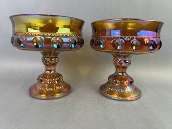Indiana Marigold Iridescent Carnival  Glass  Kings Crown Compote Set Of 2