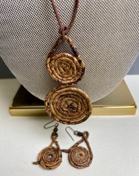 Coiled Woven Fabric Pendant On Leather String And Earrings