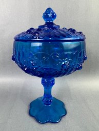 Fenton Art Glass Cabbage Rose Colonial Blue Lidded Dish