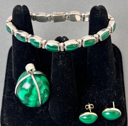 Sterling And Malachite Pendant, Earrings And Bracelet.