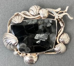 Sterling And Black Stone Brooch.