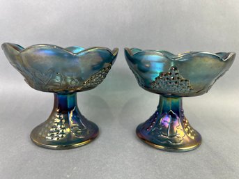 Blue/Gray Harvest Grapes Iridescent Carnival Glass Candle Holders Set Of 2