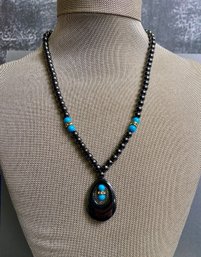 Silver Colored Bead Necklace W Turquoise Accents