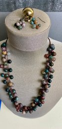 Muted Color Bead Necklace With Earrings