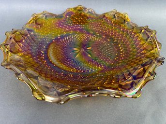 Marigold  Indiana Glass Iridescent Carnival Glass  Ruffled Dish