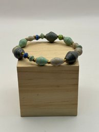 Stretchy Blue /green Bead Bracelet With Copper Spacers