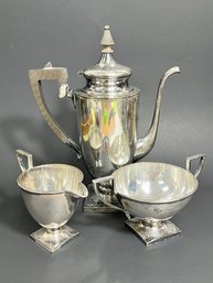 Silver Plate Art Deco Style Coffee Set ~ Pot, Creamer, Sugar