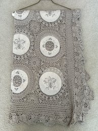 Large Vintage Handmade Crocheted & Embroidered Table Covering