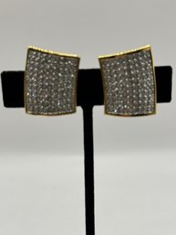 Gold Tone Clip On Earrings With Rhinestones