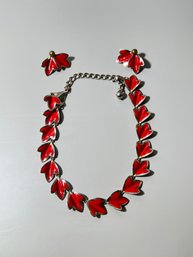 Vintage Enamel Paint Leaf Necklace And Earrings