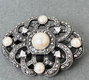 Sterling And Faux Pearl Brooch.