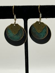 Copper Colored Pierced Earrings With 3 Stack Of  Metal Pieces