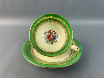 Aynsley Green And Gold Floral Cup And Saucer