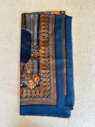 Large Blue Background With Floral & Basketweave Accent Shawl-Scarf