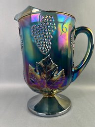 Blue/Gray Harvest Grapes Iridescent Carnival Glass Water Pitcher