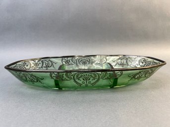 Vintage Depression Glass Divided Relish Tray With Sterling Silver Trim.
