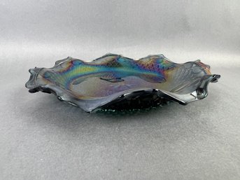 Blue/Gray Indiana Glass Iridescent Carnival Glass Small Dish With Ruffled Edges