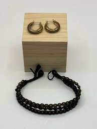 Black Beaded Bracelet And Gold Tone Pierced Earrings