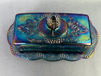 Blue/Gray Harvest Grapes Iridescent Carnival Glass Butter Dish