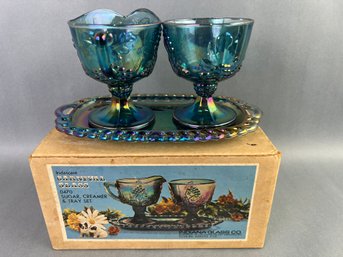 Blue/Gray Harvest Grapes Iridescent Carnival Glass Creamer Sugar And Tray In Box