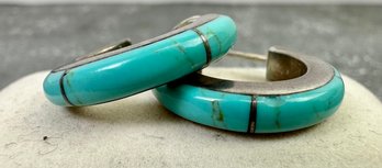 Turquoise And Sterling Mexico Hoop Earrings