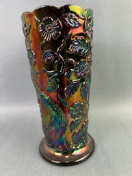 Fenton Peacock Garden On A Amethyst Carnival Glass Vase