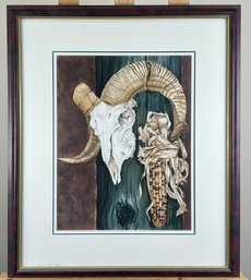 Susan LeBow Original Watercolor Painting Of Animal Skull And Corn