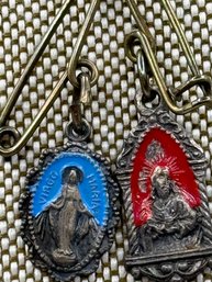 Vintage Sterling Chain With Blue And Red Religious Medals- Made In Italy