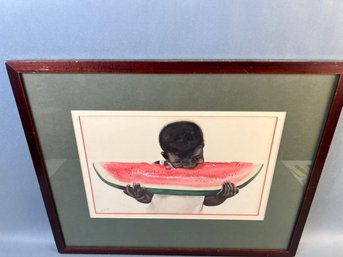 Signed By Echart Watercolor Of A Child Eating Watermelon