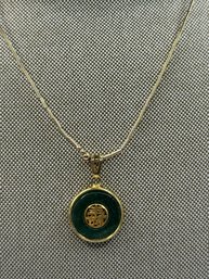Asian Inspired Gold Tone Necklace With  Green Stone Pendant
