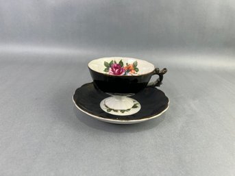 Lusterware Black With Roses Cup And Saucer
